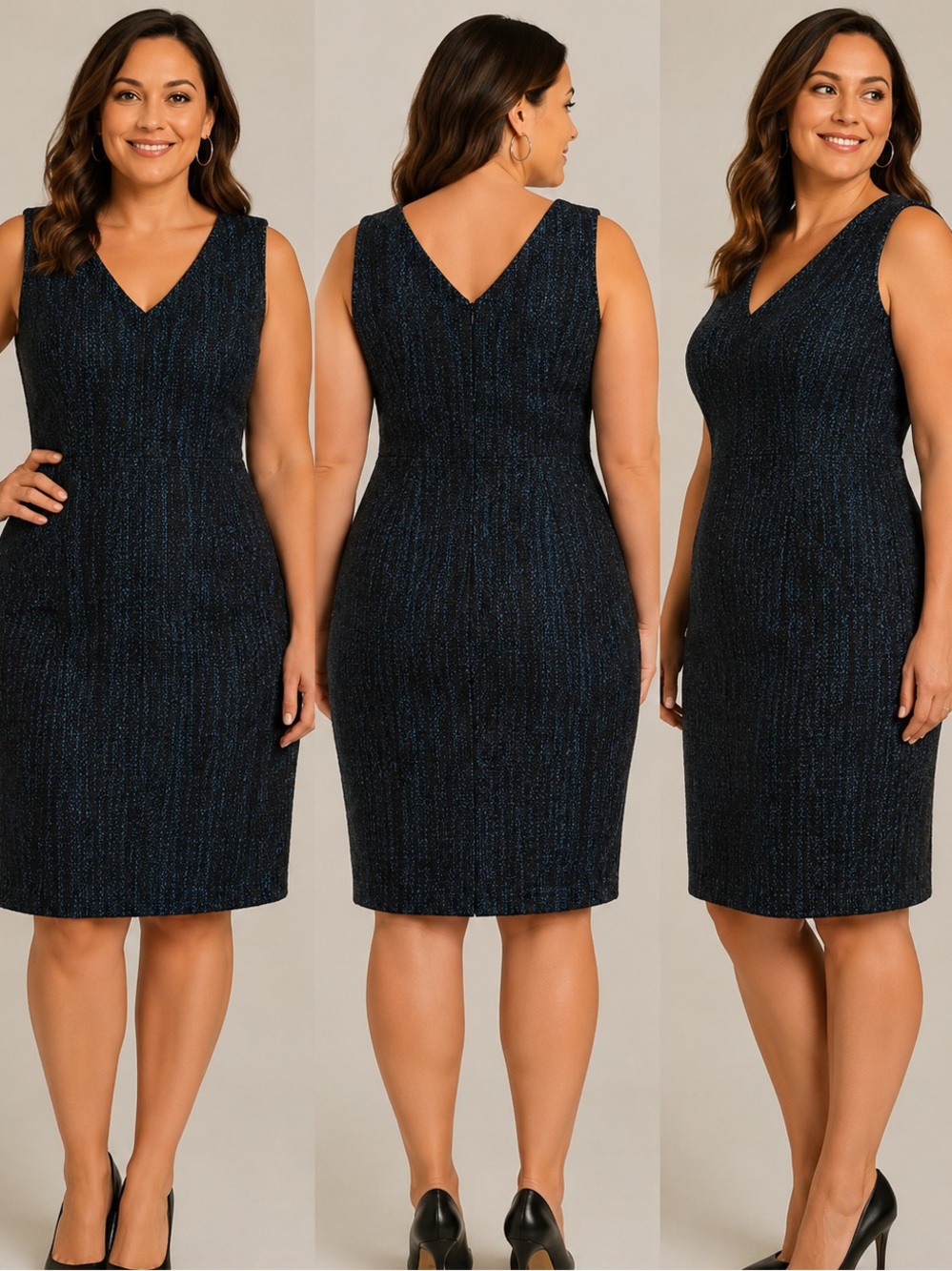 Banana Republic Sleeveless V-Neck Tweed Sheath Dress in Navy.